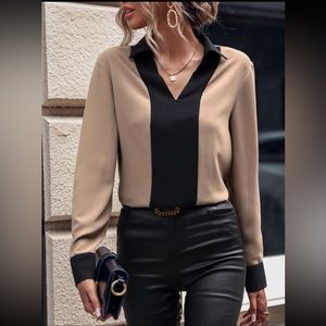 NEW Women’s Contrast Collar Cuff Long Sleeve Blouse Size XL NWOT Business Career